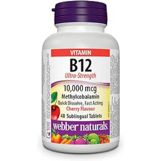 Webber Naturals Vitamin B12 10,000 mcg, Ultra Strength, Quick Dissolve, 40 Tablets, Natural Cherry Flavour, Supports Energy Production and Metabolism, Vegan