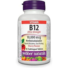 Webber Naturals Vitamin B12 10,000 mcg, Ultra Strength, Quick Dissolve, 40 Tablets, Natural Cherry Flavour, Supports Energy Production and Metabolism, Vegan