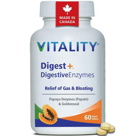 VITALITY Digest+ Digestive Enzymes - Papaya Enzymes for Gas Relief, Acid Reflux & Bloating, Repair Gut Health with Goldenseal, Great for Traveling & Eating Out, Canadian Made, 60 Tablets