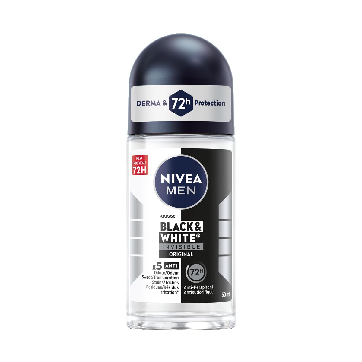 NIVEA MEN Black & White Invisible Roll-On Antiperspirant Deodorant with 72-Hr Odour, Sweat and Stain Protection, Original Scented Men's Deodorant, Non-Sticky, Ethyl Alcohol Free, 50mL