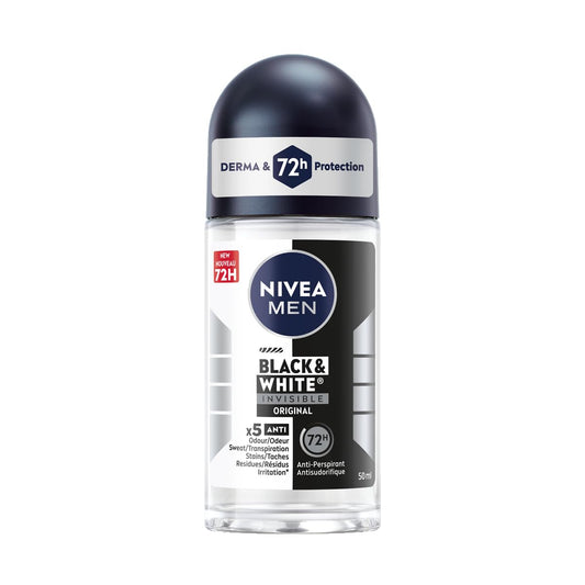 NIVEA MEN Black & White Invisible Roll-On Antiperspirant Deodorant with 72-Hr Odour, Sweat and Stain Protection, Original Scented Men's Deodorant, Non-Sticky, Ethyl Alcohol Free, 50mL