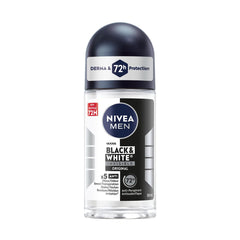 NIVEA MEN Black & White Invisible Roll-On Antiperspirant Deodorant with 72-Hr Odour, Sweat and Stain Protection, Original Scented Men's Deodorant, Non-Sticky, Ethyl Alcohol Free, 50mL