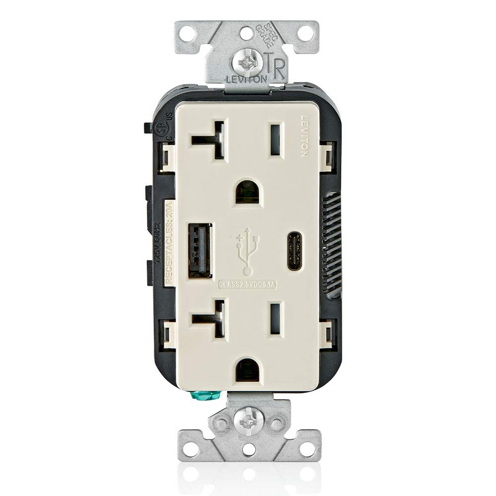 Leviton USB Type A-C Receptacle, 20 Amp, Tamper-Resistant, T5833-00T, Light Almond
