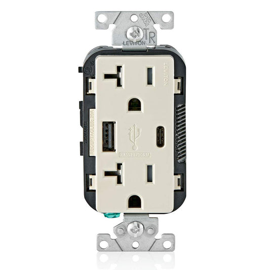 Leviton USB Type A-C Receptacle, 20 Amp, Tamper-Resistant, T5833-00T, Light Almond