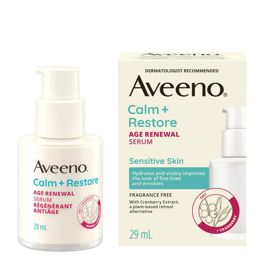 Aveeno® Calm + Restore Age Renewal Serum, Niacinamide, Oat, Natural Retinol Alternative, Anti-aging, Gentle on Sensitive Skin, Hypoallergenic, Fragrance-Free, 29 mL