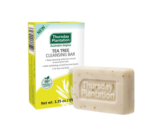 Thursday Plantation Tea Tree Cleansing Bar - Soap with Pure Australian Tea Tree Oil & Crushed Leaves - Gentle Exfoliation for Face, Body, and Hands - Deep Cleansing for Acne & Blemish Prone Skin - 95g