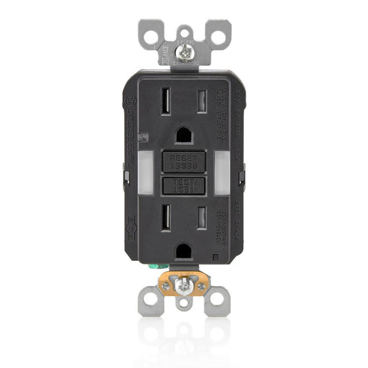 Leviton GFNL1-E 15 Amp, 125 Volt Receptacle/Outlet, 20 Amp Feed-Through, Tamper-Resistant, Self-test SmartlockPro Slim Guide Light GFCI, Monochromatic, back and side wired, self-grounding clip included, wallplate/faceplate sold separately - Black