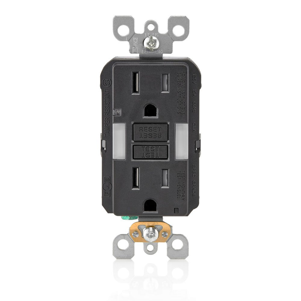Leviton GFNL1-E 15 Amp, 125 Volt Receptacle/Outlet, 20 Amp Feed-Through, Tamper-Resistant, Self-test SmartlockPro Slim Guide Light GFCI, Monochromatic, back and side wired, self-grounding clip included, wallplate/faceplate sold separately - Black