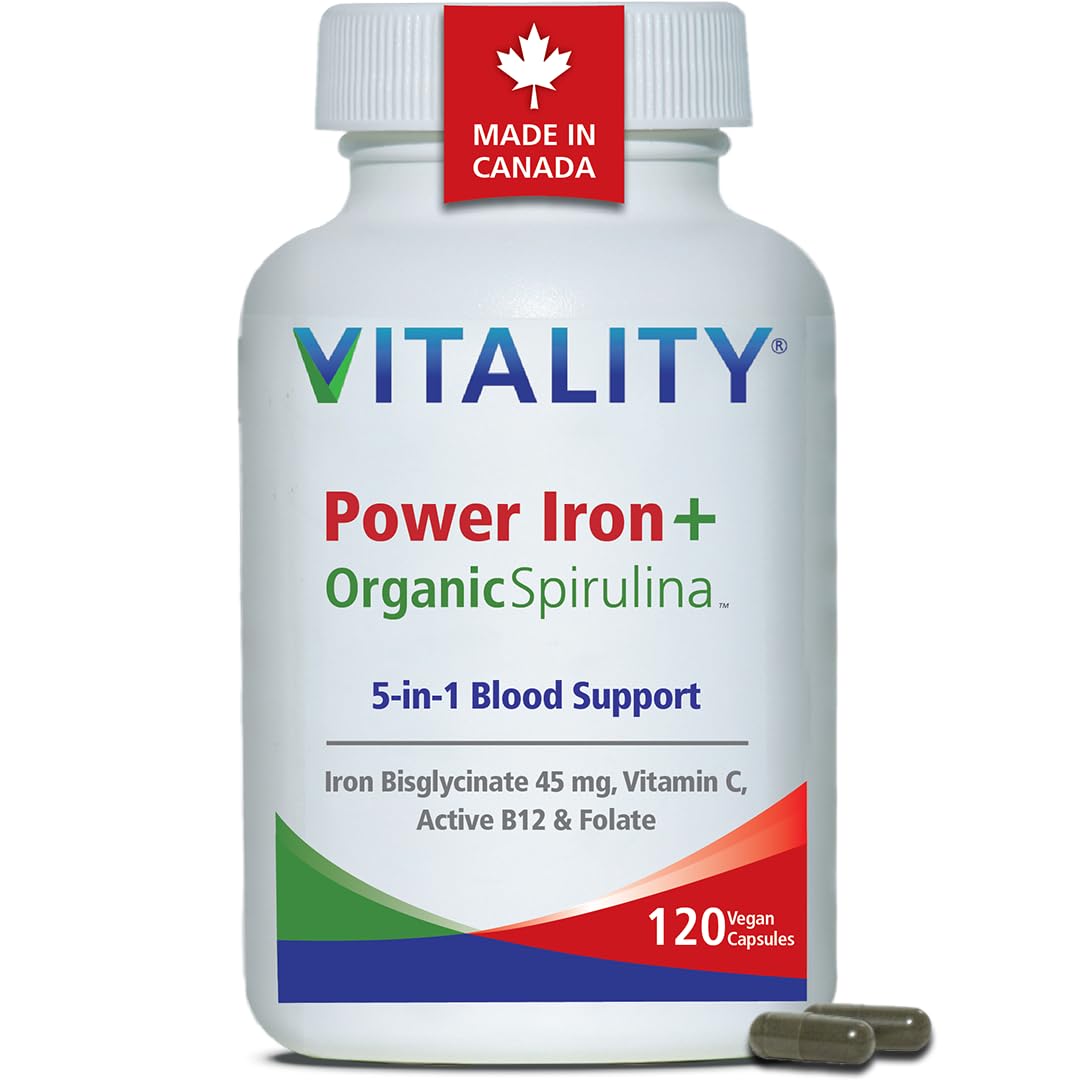 VITALITY Power Iron High Dose 45mg - with Vitamin C, B12 1000mcg, Folate, High Absorption Blood Builder Iron Supplements for Women & Men with Iron Deficiency Anemia, 120 Vegan Capsules