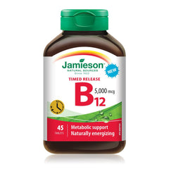 Jamieson Vitamin B12 5,000 mcg Timed Release Tablets, Methylcobalamin, Helps Prevent Vitamin B12 Deficiency, Supports Energy Production and Metabolism. One Per Day, Vegetarian, Non-GMO Gluten-Free, 45 Count, Proudly Canadian