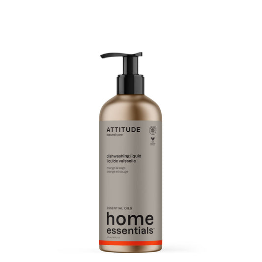 ATTITUDE Dish Soap with Essential Oils, Made in Canada, EWG Verified, Plant and Mineral-Based Ingredients, Vegan Household Products, Orange and Sage, Refillable Aluminum Bottle, 473 mL