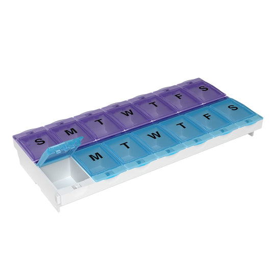 EZY DOSE (14-Day,AM/PM) Pill Planner, Medicine Case, Vitamin Organizer Box, 2X-Large Locking Compartments to Secure Prescription Medication and Prevent Accidental Spilling, Color May Vary