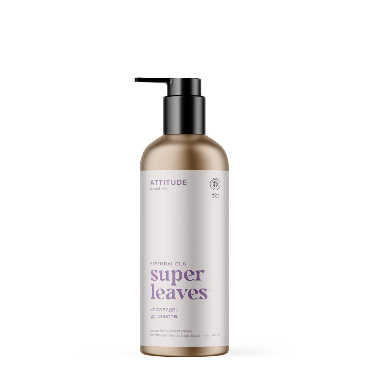 ATTITUDE Shower Gel with Essential Oils, Made in Canada, EWG Verified, Plant and Mineral-Based Ingredients, Vegan Personal Care Products, Refillable Aluminum Bottle, Peppermint and Sweet Orange, 473 ml