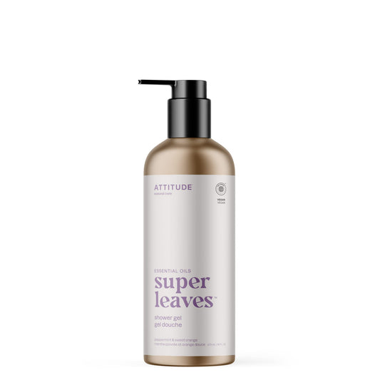 ATTITUDE Shower Gel with Essential Oils, Made in Canada, EWG Verified, Plant and Mineral-Based Ingredients, Vegan Personal Care Products, Refillable Aluminum Bottle, Peppermint and Sweet Orange, 473 ml