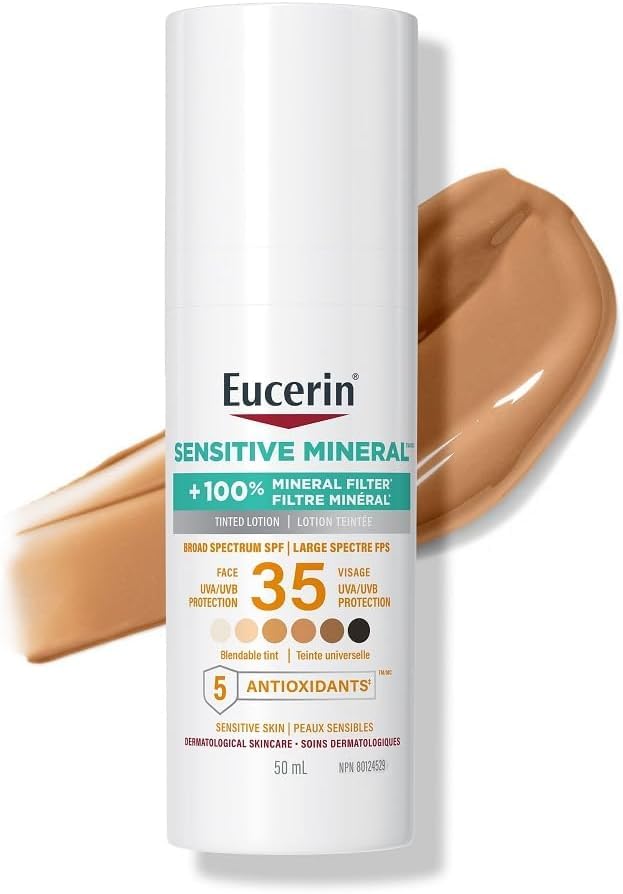 Eucerin Sun Tinted Mineral Face Sunscreen Lotion SPF 35 | Blendable Tinted Mineral Sunscreen for all skin tones with Zinc Oxide and 5 Antioxidants | Daily Sunscreen | 50 mL pump