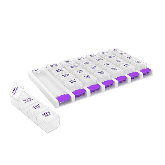 EZY DOSE Weekly (7 Day) 4 Times a Day Push Button Pill Organizer and Vitamin Planner, Removable Daily Pillboxes, Purple, Clear Lids, Large