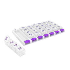 EZY DOSE Weekly (7 Day) 4 Times a Day Push Button Pill Organizer and Vitamin Planner, Removable Daily Pillboxes, Purple, Clear Lids, Large