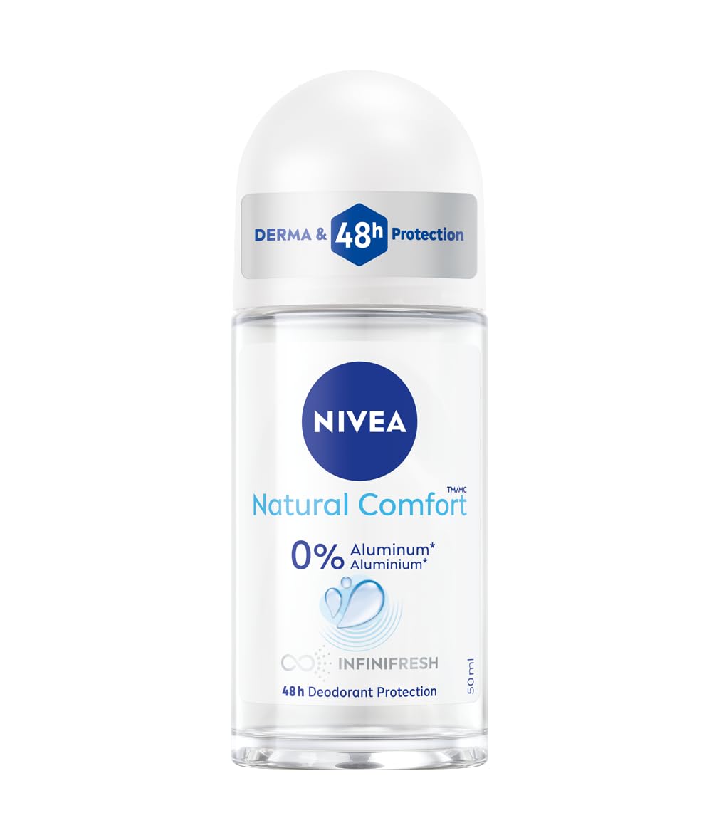 NIVEA Natural Comfort Aluminum Free Roll-On Deodorant, 0% aluminum, No Drying Alcohol, women’s roll-on deodorant, 48H odour protection, Gentle on skin, Dermatologically tested, 50 ml