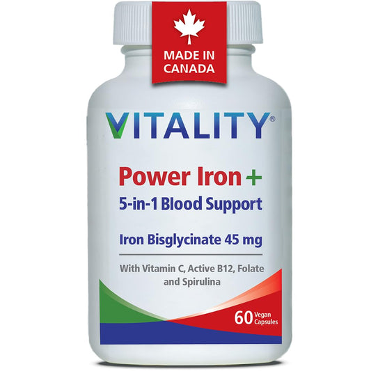 VITALITY Power Iron Bisglycinate High Dose 45mg - with B12 1000mcg, Vitamin C, Folate Folic Acid, High Absorption Blood Builder Iron Supplements for Women & Men with Iron Deficiency, 60 Vegan Capsules