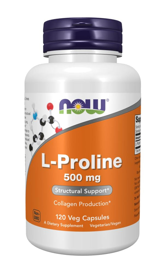 NOW Supplements, L-Proline 500 mg, Collagen Production, Structural Support, 120 Veg Capsules