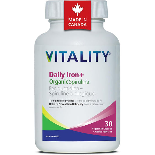 VITALITY Daily Iron Supplements 15mg - Gentle Iron Bisglycinate with B12 Vitamin C, Folate & Folic Acid, Complete Blood Builder for Sensitive Stomachs, 30 Vegan Capsules