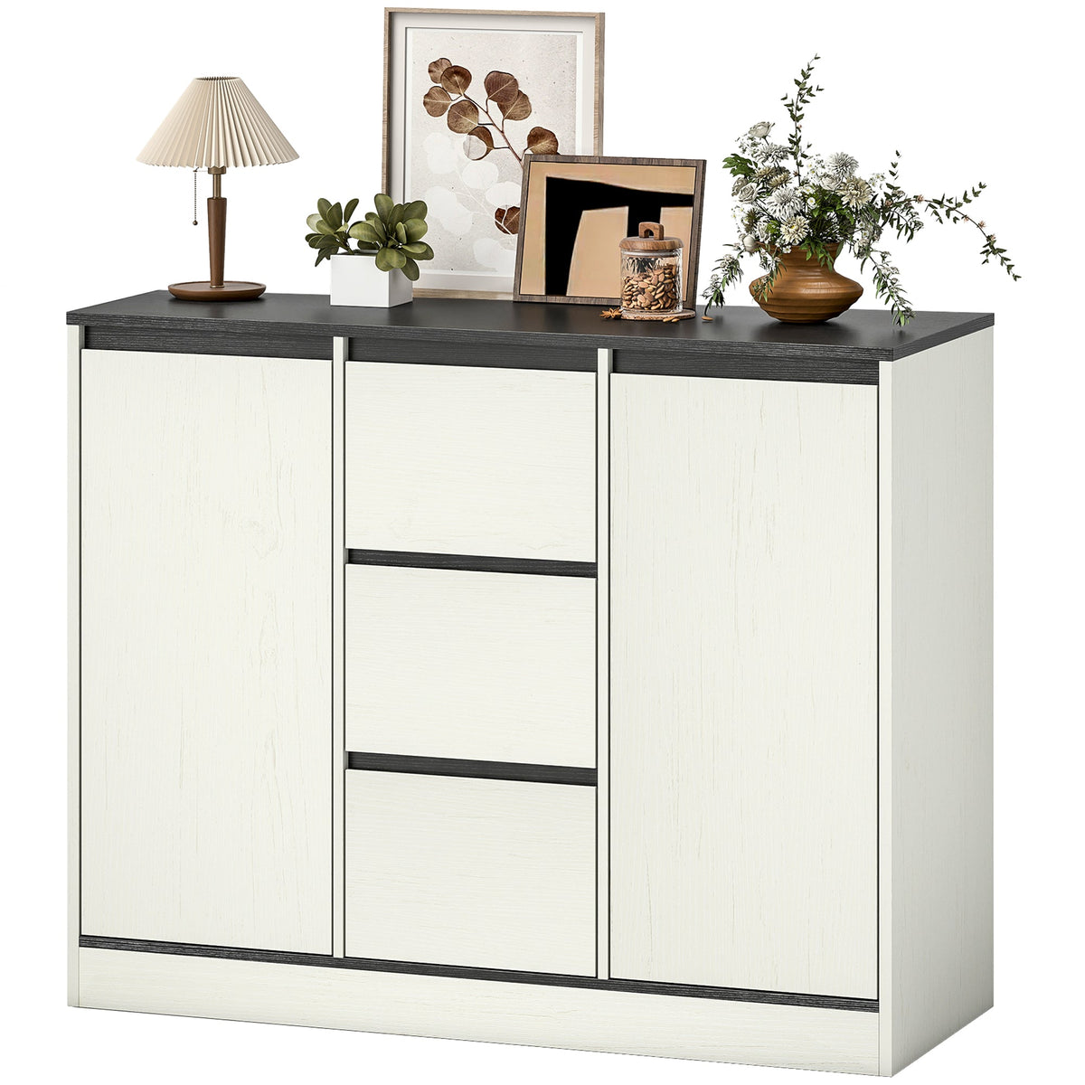 Buffet Cabinet with Soft-Close Hinges, Modern Sideboard with 3 Drawers and 2 Adjustable Shelves, White Wood Grain