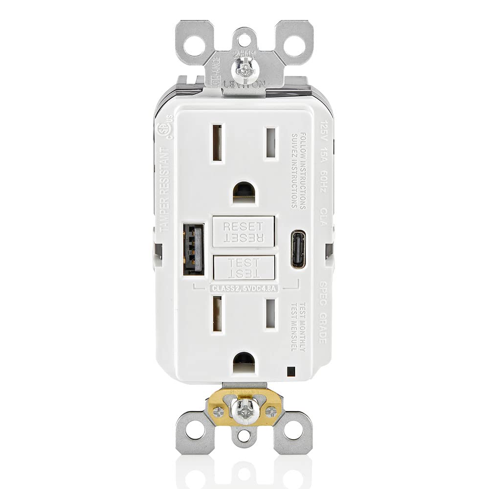 Leviton GFCI USB Type A-C Combination Receptacle, 15 Amp, Tamper-Resistant, Smartlock Pro Self-Test, GUAC1-00W, White