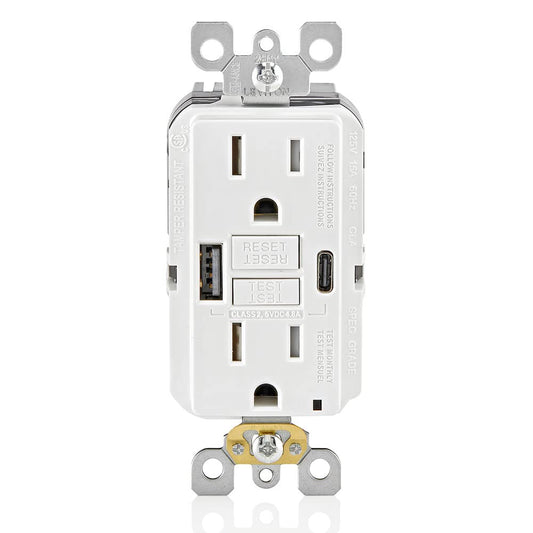 Leviton GFCI USB Type A-C Combination Receptacle, 15 Amp, Tamper-Resistant, Smartlock Pro Self-Test, GUAC1-00W, White