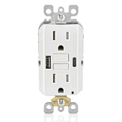 Leviton GFCI USB Type A-C Combination Receptacle, 15 Amp, Tamper-Resistant, Smartlock Pro Self-Test, GUAC1-00W, White