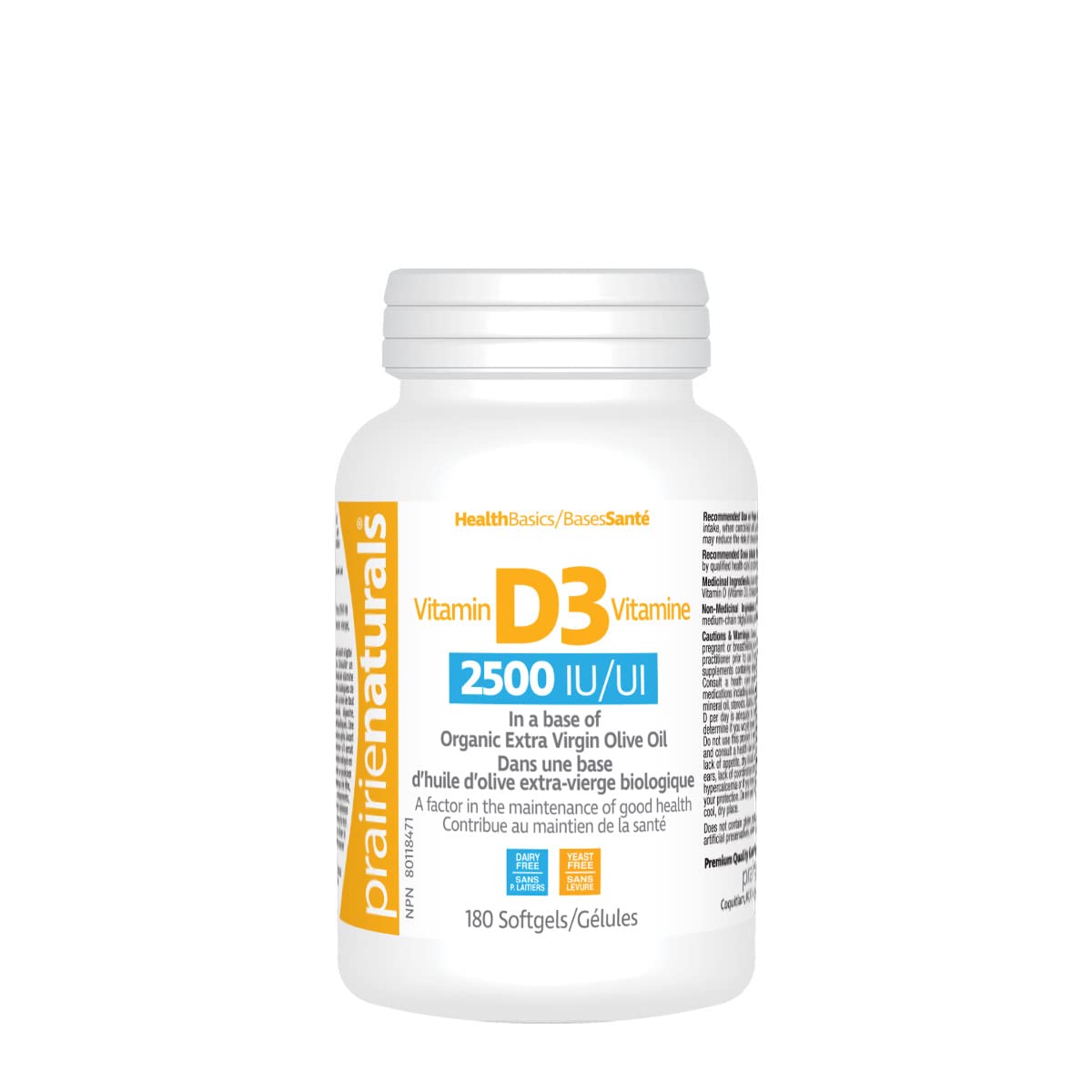 Prairie Naturals Vitamin D3 Cholecalciferol 2,500 IU in Organic Extra-Virgin Olive Oil Softgel - 180 Count