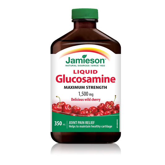 Jamieson Maximum Strength Glucosamine Liquid 1,500 mg Liquid Wild Cherry Flavour, Provides Joint Pain Relief, Osteoarthritis Support, and Cartilage Deterioration Protection. Gluten-Free, Lactose-Free, No Artificial Flavours, 350 mL, Proudly Canadian