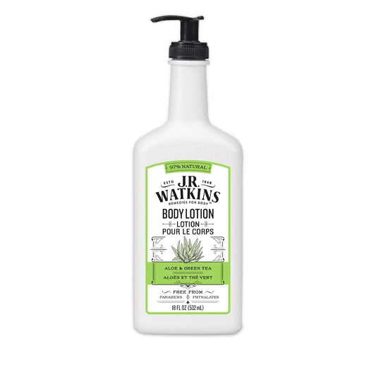 J.R. Watkins Aloe and Green Tea Daily Moisturizing Lotion, Body Cream in Pump Dispenser, Hydrating Skin Cream Made with Shea Butter, Cocoa Butter, Coconut Oil & Vitamin E, 532 Milliliters