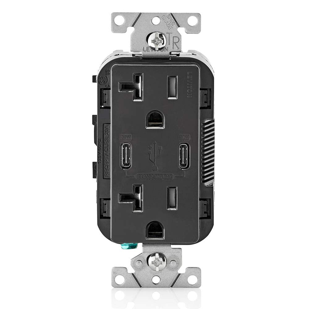 Leviton USB Dual Type C Receptacle, 20 Amp Tamper-Resistant, T5835-00E, Black