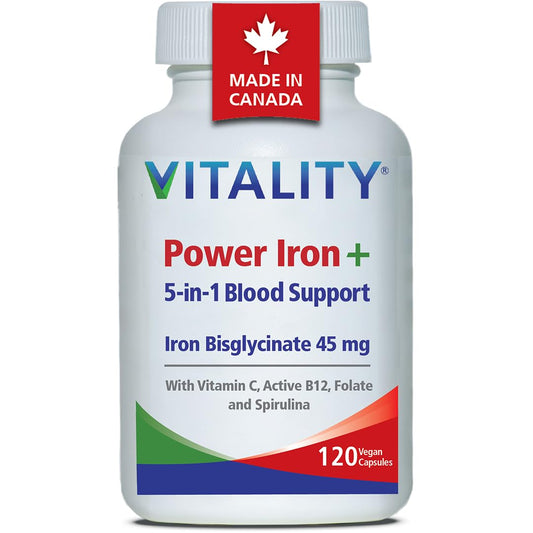 VITALITY Power Iron Bisglycinate High Dose 45mg - with B12 1000mcg, Vitamin C, Folate Folic Acid, High Absorption Blood Builder Iron Supplements for Women & Men with Iron Deficiency, 120 Vegan Capsule