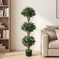 51 inches Artificial Triple Ball Boxwood Topiary Tree with 59 Blossoms Set of 2-White