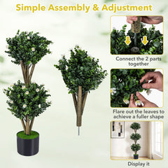 51 inches Artificial Triple Ball Boxwood Topiary Tree with 59 Blossoms Set of 2-White
