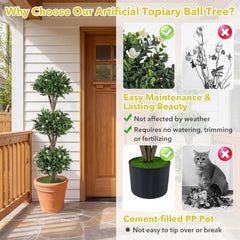 51 inches Artificial Triple Ball Boxwood Topiary Tree with 59 Blossoms Set of 2-White