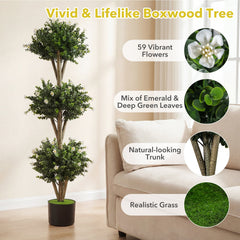 51 inches Artificial Triple Ball Boxwood Topiary Tree with 59 Blossoms Set of 2-White