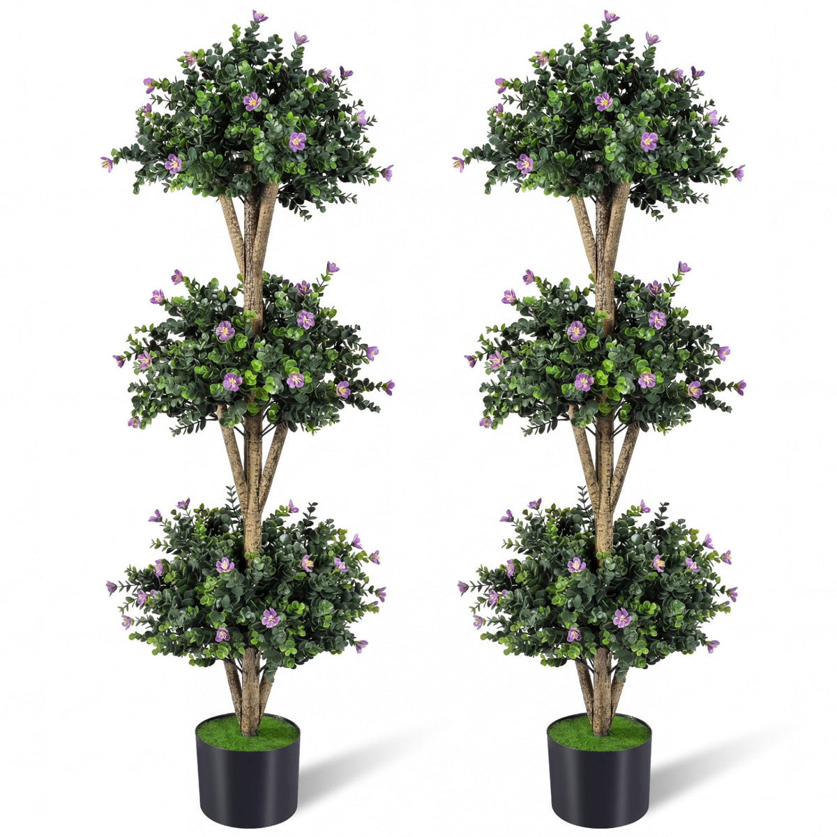 51 inches Artificial Triple Ball Boxwood Topiary Tree with 59 Blossoms Set of 2-Purple
