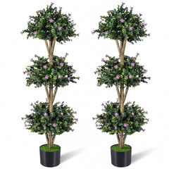 51 inches Artificial Triple Ball Boxwood Topiary Tree with 59 Blossoms Set of 2-Purple