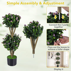51 inches Artificial Triple Ball Boxwood Topiary Tree with 59 Blossoms Set of 2-Purple
