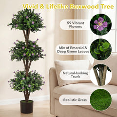 51 inches Artificial Triple Ball Boxwood Topiary Tree with 59 Blossoms Set of 2-Purple
