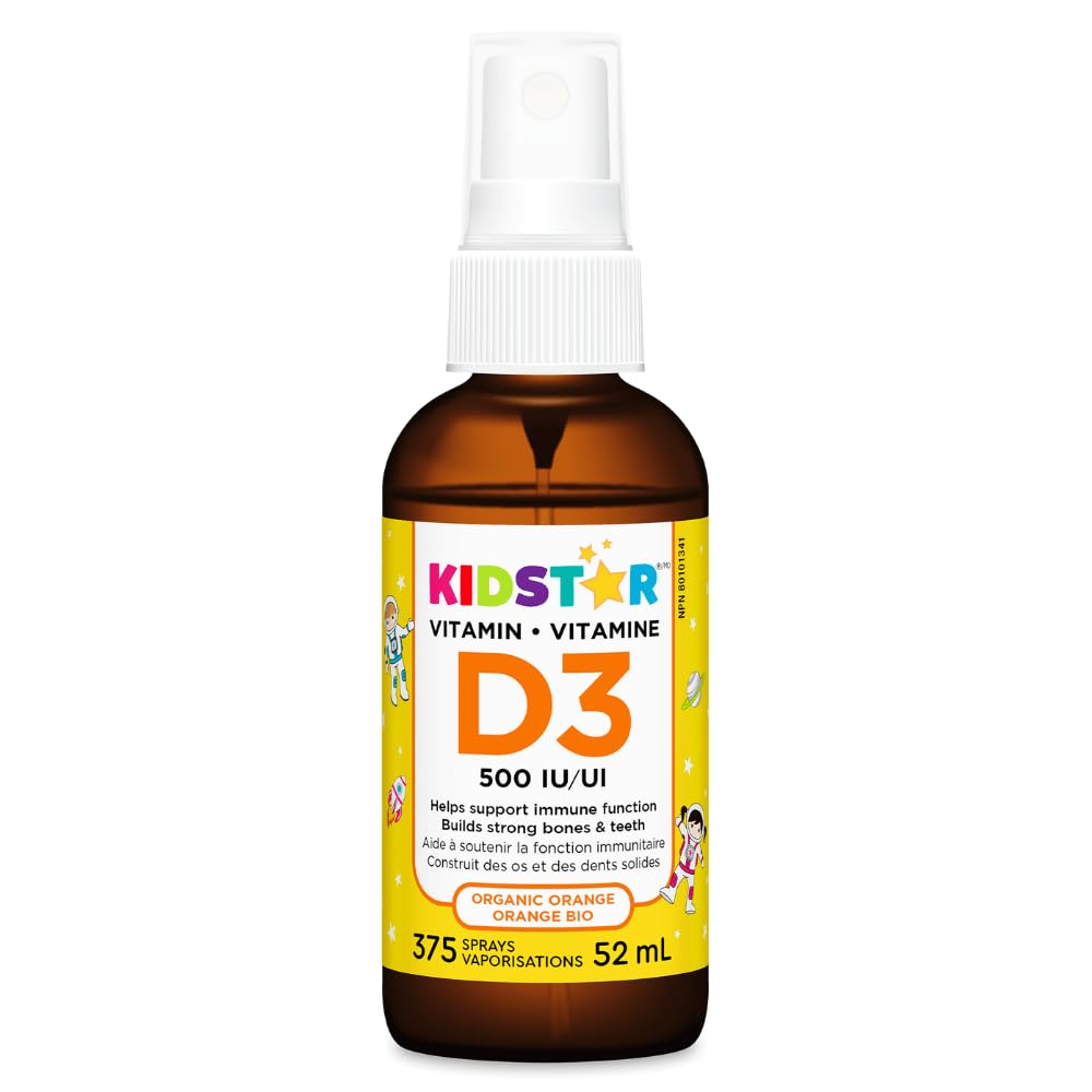 KidStar Nutrients Kids Vitamin D-3 Spray 500 IU Cholecalciferol — Liquid Vitamin D for Kids Toddlers, Vitamin-D for Baby's Bone, Teeth & Immune Support — No-Sugar, Organic Orange, 52 ml, 375 Servings
