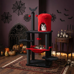 51 Inch Gothic Cat Tree with Red Castle House, Large Hammock and Bat Topper, Black and Red