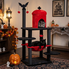 51 Inch Gothic Cat Tree with Red Castle House, Large Hammock and Bat Topper, Black and Red
