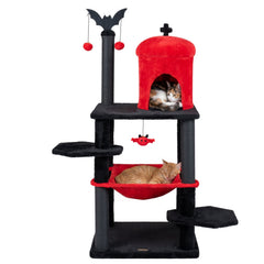 51 Inch Gothic Cat Tree with Red Castle House, Large Hammock and Bat Topper, Black and Red
