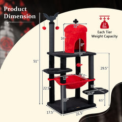 51 Inch Gothic Cat Tree with Red Castle House, Large Hammock and Bat Topper, Black and Red