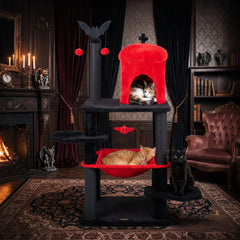 51 Inch Gothic Cat Tree with Red Castle House, Large Hammock and Bat Topper, Black and Red