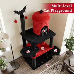 51 Inch Gothic Cat Tree with Red Castle House, Large Hammock and Bat Topper, Black and Red