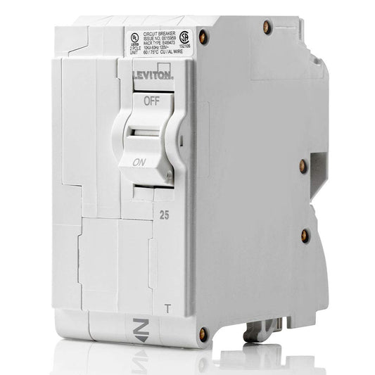 Leviton 2-Pole Plug-On Standard Branch Circuit Breaker, 25 Amp, Thermal Magnetic, 120/240 VAC, LB225-T, White